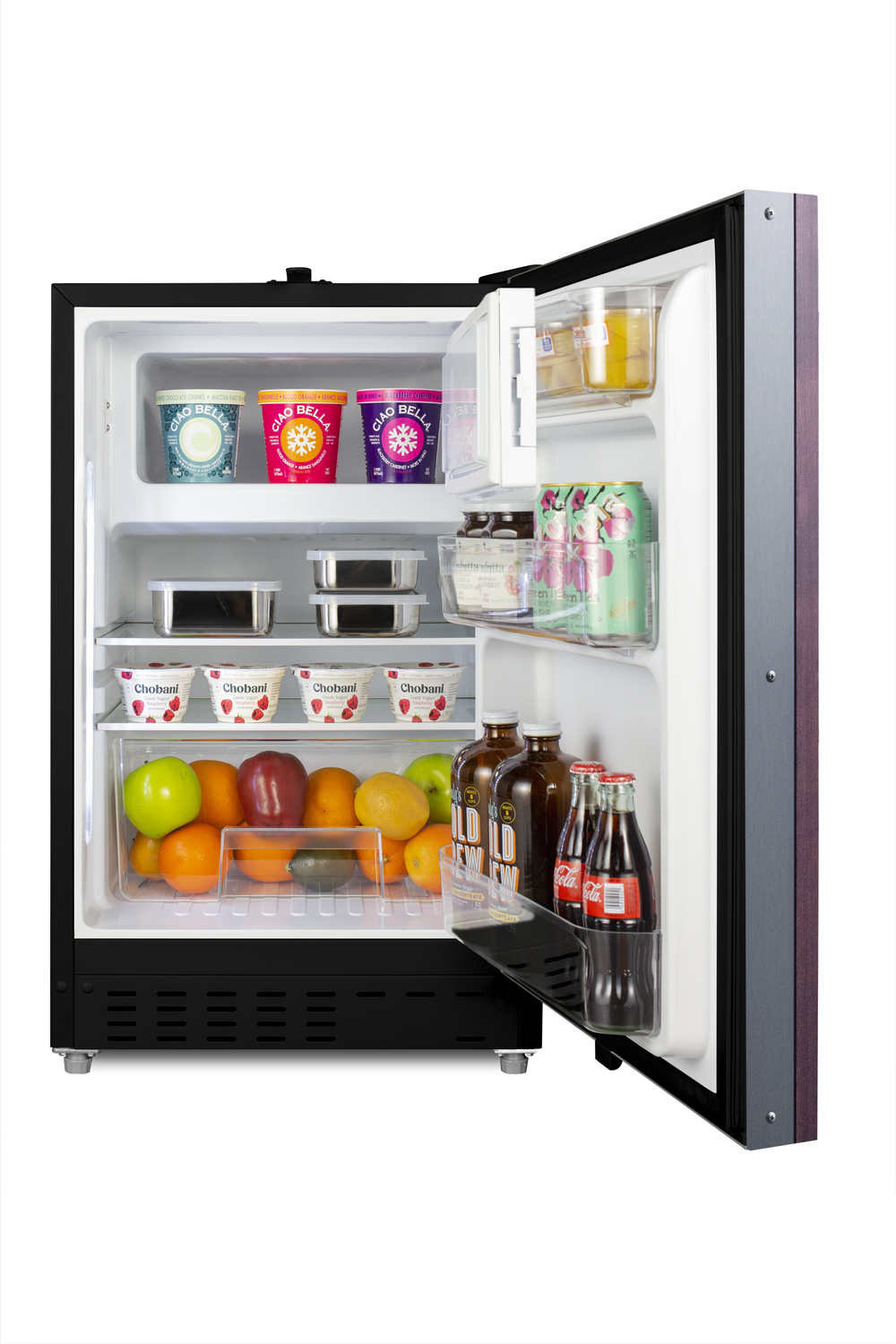 Built-in undercounter ADA compliant refrigerator-freezer in black with panel ready door for residential use, manual defrost with glass shelves, and door storage
